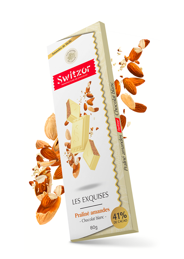 Chocolat blanc praliné amandes : 80g